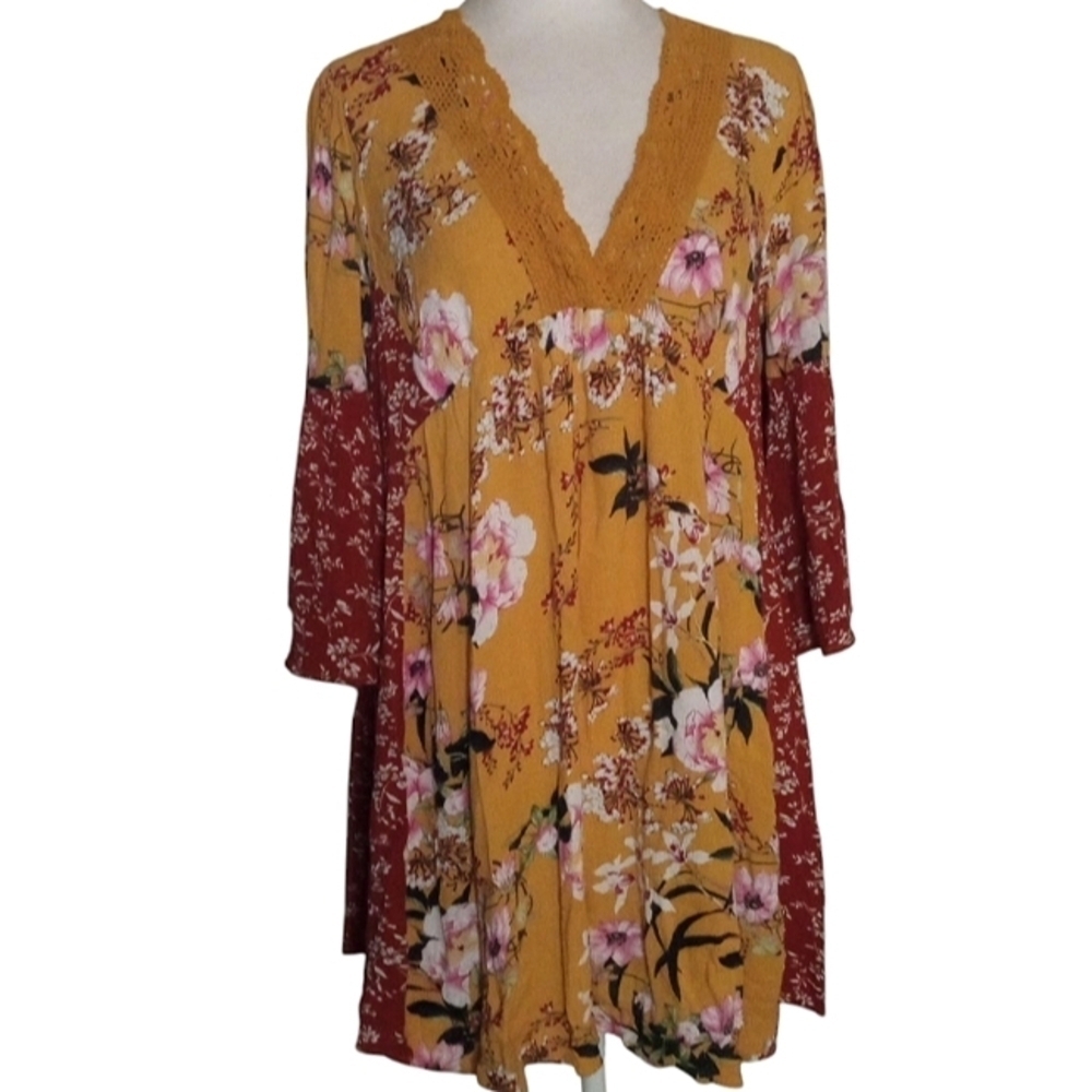 Umgee Women's Mixed Floral Print Peasant Boho Style Mini Dress Size Small